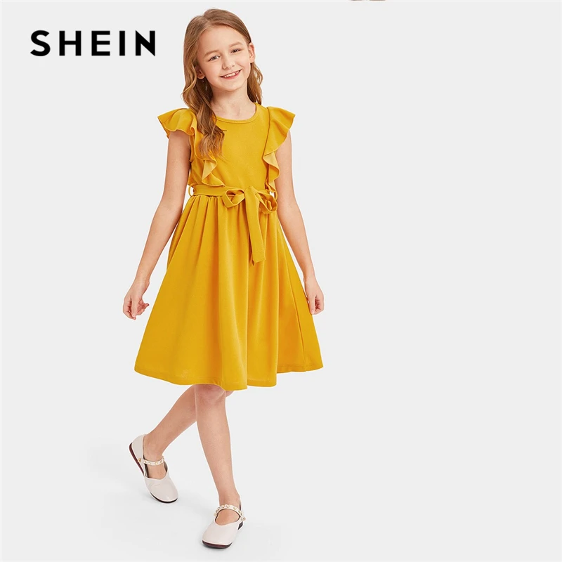 SHEIN/ г. Детские вечерние летние платья трапециевидной формы с оборками и поясом для девочек; Повседневные детские платья без рукавов; Одежда для девочек