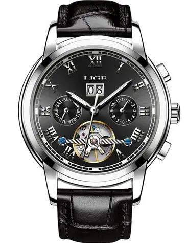 Silverblack leather LIGE автоматические механические мужские часы Лидирующий бренд деловые мужские часы нержавеющая сталь спортивные водонепроница - Цвет: Silverblack leather