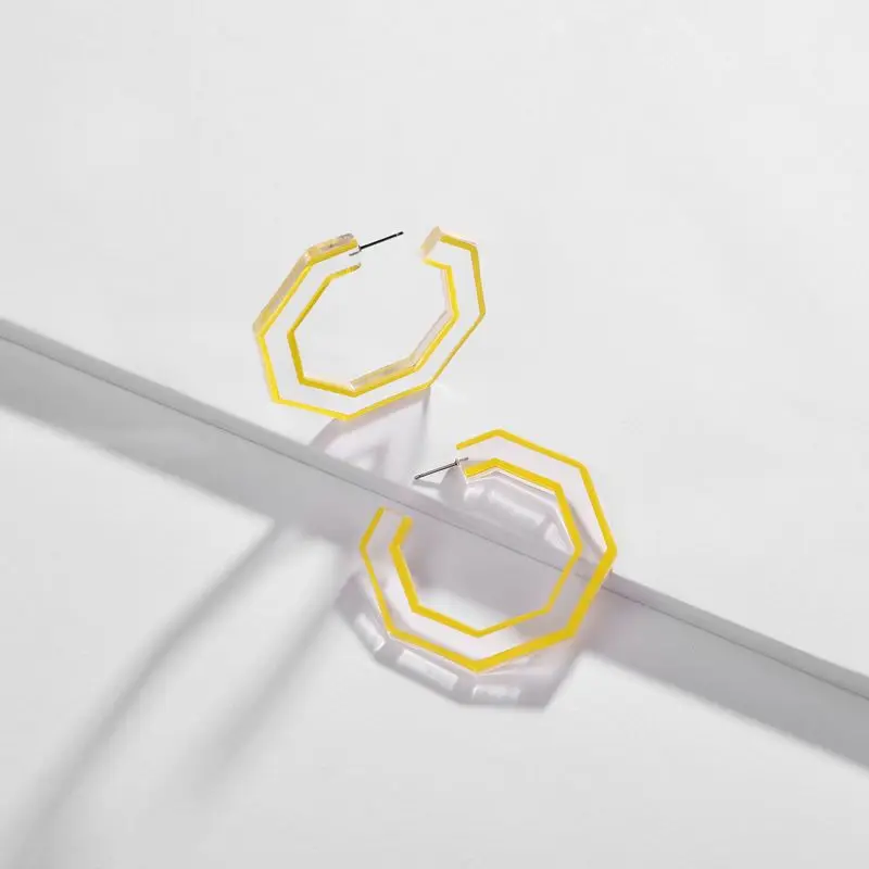 Transparent Hexagon C Shape Acetate Acrylic Hoop Earring Big Circular Women Contrast Colored Painting Large | Украшения и