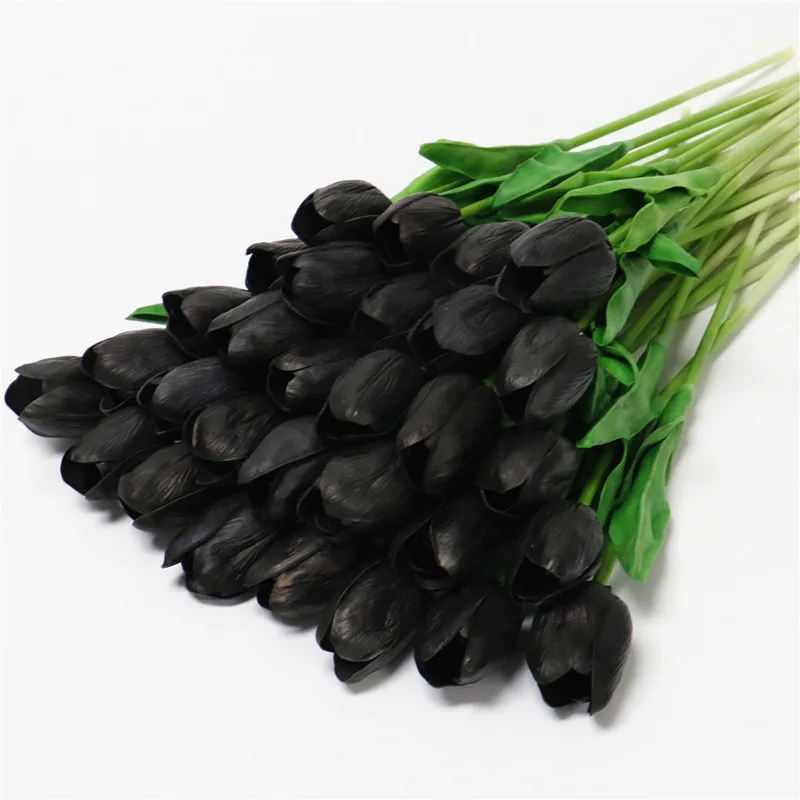 PU Black tulip Полиуретан с эффектом реального прикосновения Искусственный Черный тюльпан розы великолепные латексные тычинки для цветов Свадебные поддельные цветы dcor домашние вечерние памятные 15 шт./лот - Цвет: PU Black tulip