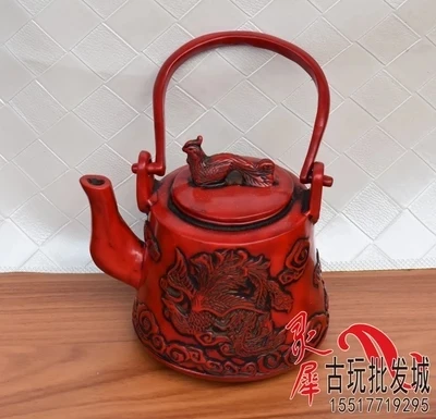 Archaize special craft collection imitation Red Coral carving water pot dragon and Phoenix decoration ornaments | Дом и сад