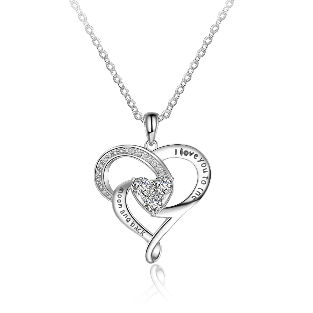 "I love you to the moon and back" 925 пробы Серебряное сердце ожерелья и подвески блестящие CZ элегантные свадебные женские ювелирные изделия(NE103112
