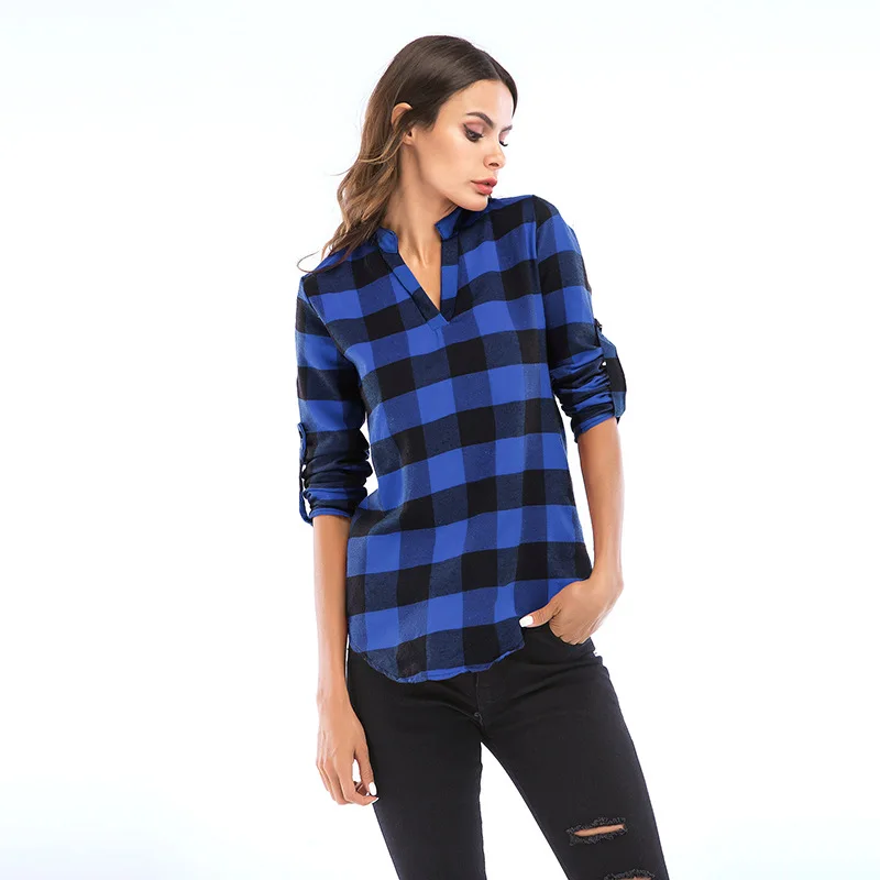 

2019 Spring Plus Size 6XL V-neck Grid Blouse Women Long Sleeve Plaid Shirts Women Tops And Blouses Loose Lattice Blusa Feminina