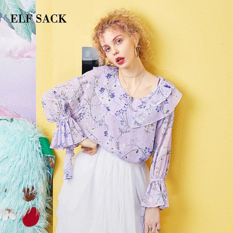 ELFSACK 2019 Summer Shirts Woman Ruffle Flare Sleeve Blouse Female O Neck Oversized Chiffon Ladies Streetwear Tops|Блузки| |