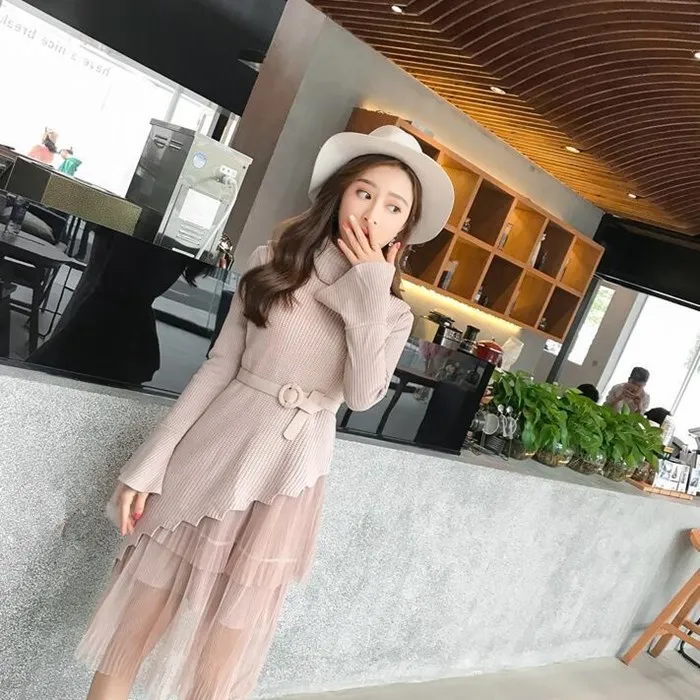 2018 осеннее Новое Женское платье свитер с высоким воротником элегантное