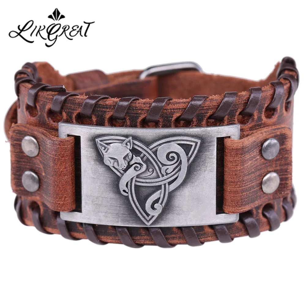 LIKGREAT Viking ювелирные изделия кожаный браслет лиса Triquetra Fenrir животное подросток Волк троица вера благословение манжеты браслеты Кнопка