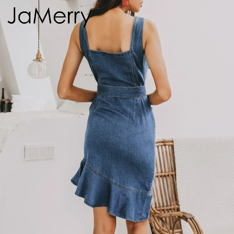 JaMerry винтажное повседневное облегающее синее женское джинсовое летнее платье