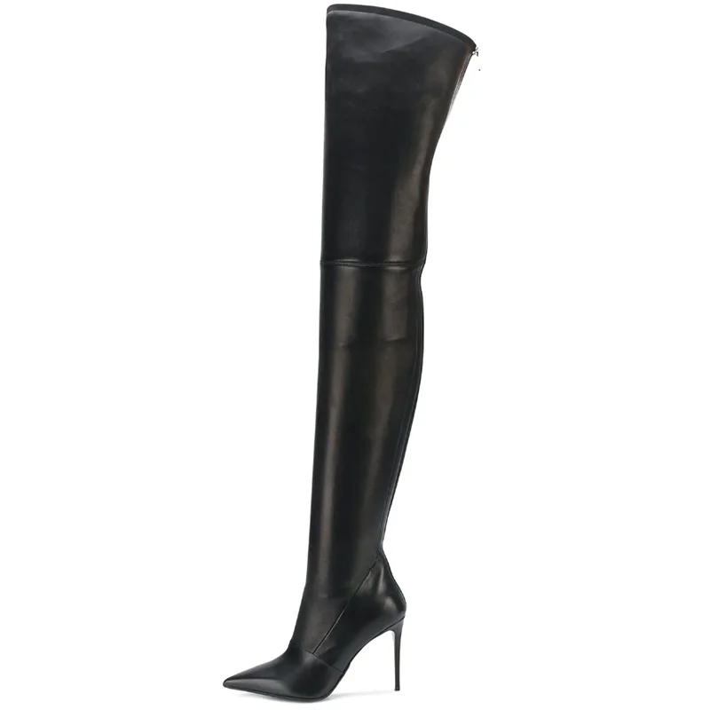 Модные роскошные черные кожаные женские Сапоги выше колена FSJ на высоком тонком