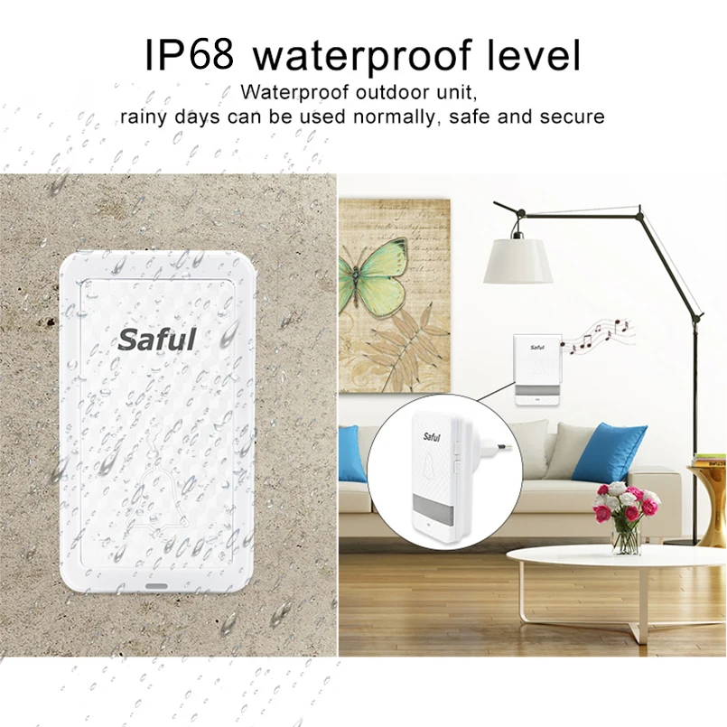 Saful дверной звонок без аккумулятора беспроводной водонепроницаемый Push Botton 150 м