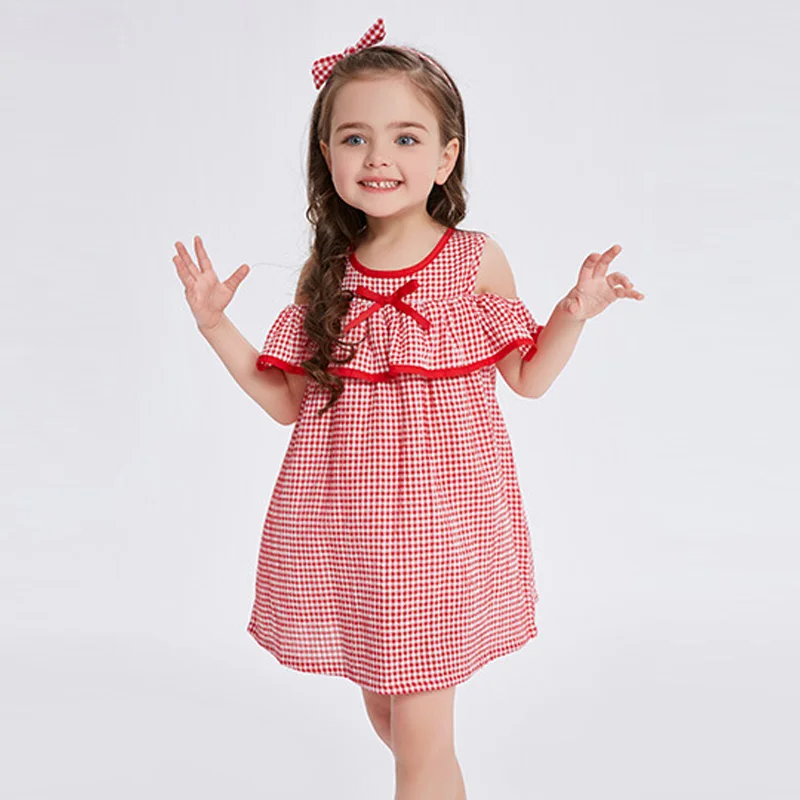 2018 New Summer Girls Print Plaid Dress Princess Perform Lovely Bare shoulder School Fashion Kid Clothes | Детская одежда и обувь