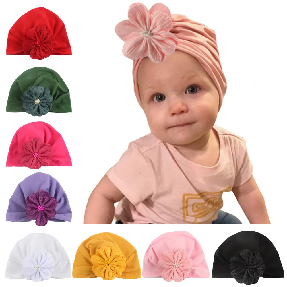

New Baby Turban Hat with Fabric Flowers Cotton Blend Newborn Beanie Kids Photo Props Baby Shower Gift Birthday Hat