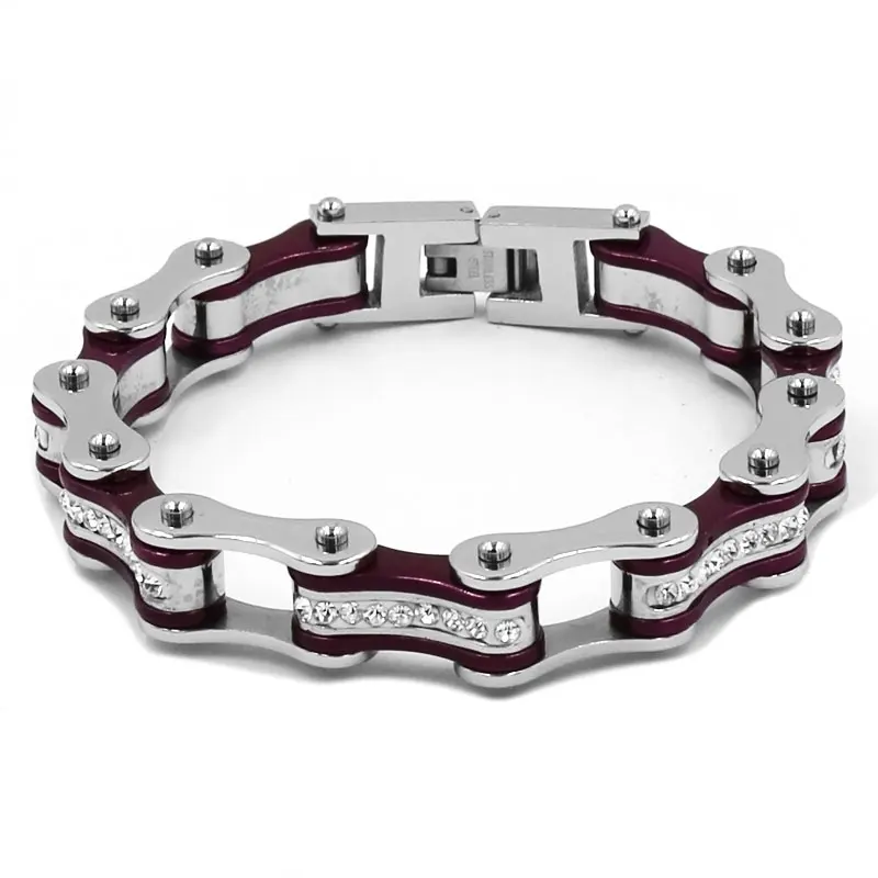 

Wholesale Bling Crystal Motorcycle Bracelet Stainless Steel Jewelry Purple Bicycle Chain Motor Biker Women Girl Bracelet SJB0310