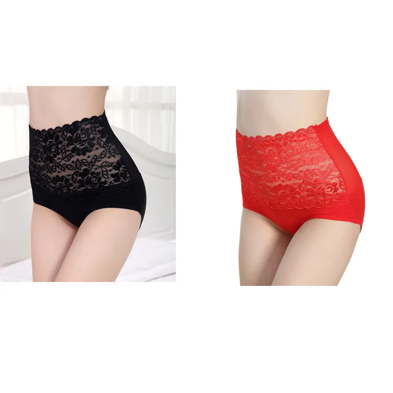 1 black 1 red ZYSK, женские сексуальные ультратонкие трусы с высокой талией и контролем живота, женское нижнее белье для коррекции фигуры, кружевное бесшовное нижнее белье для похудения - Цвет: 1 black 1 red