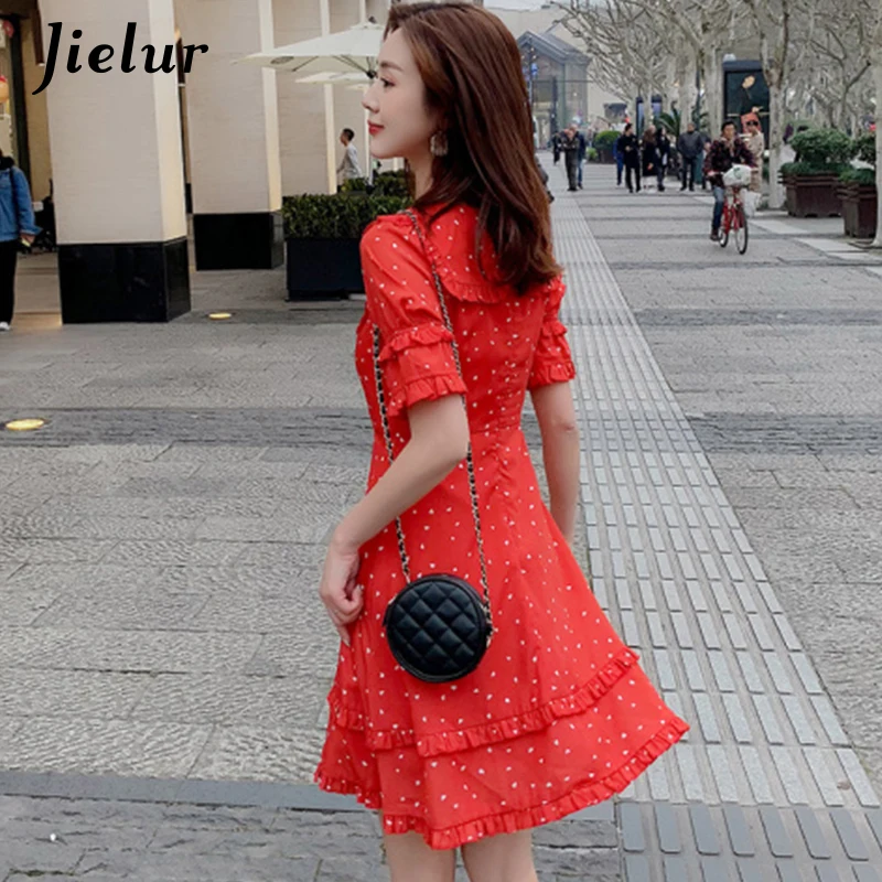 Jielur Summer Dress Women New Elegant Slim Casual Printed Peter Pan Collar Ruffles Flare Dresses Korean Style Vintage Sukienki | Женская