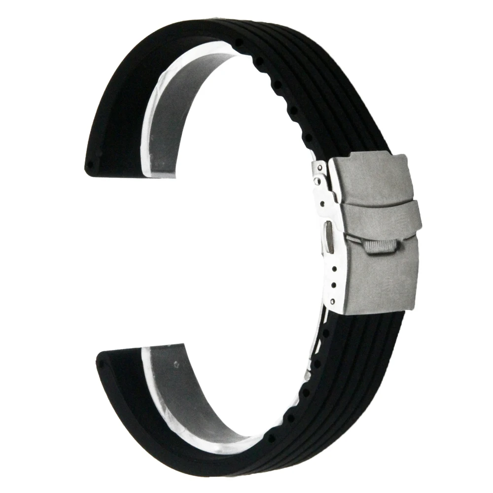 Silicone Rubber Watch Band 18mm 20mm 22mm 24mm for Breitling Stainless Steel Safety Clasp Strap Wrist Loop Belt Bracelet Black