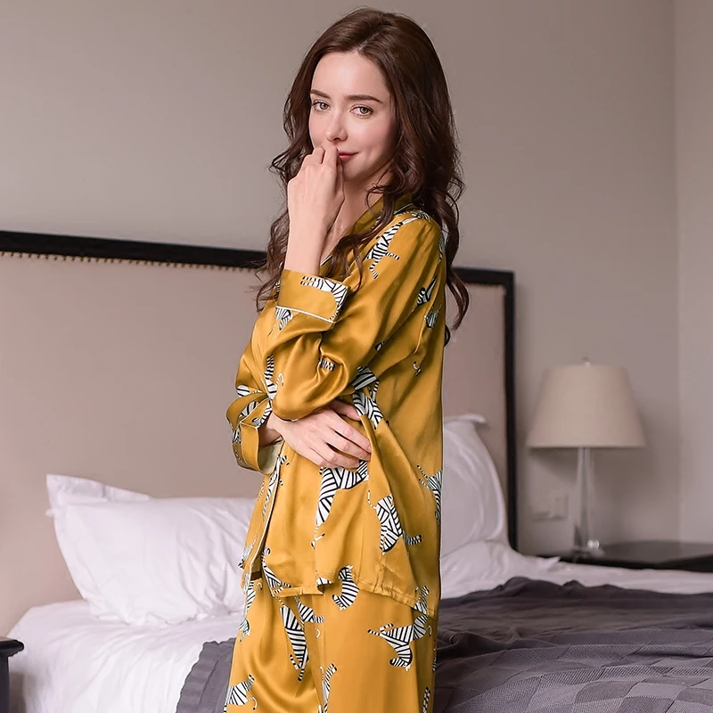 Fashion Genuine Silk Women's Pajamas Zebra Printed Long-Sleeve Pyjama Long Pants Sets 100% Silkworm Silk Sleepwear Female T8143