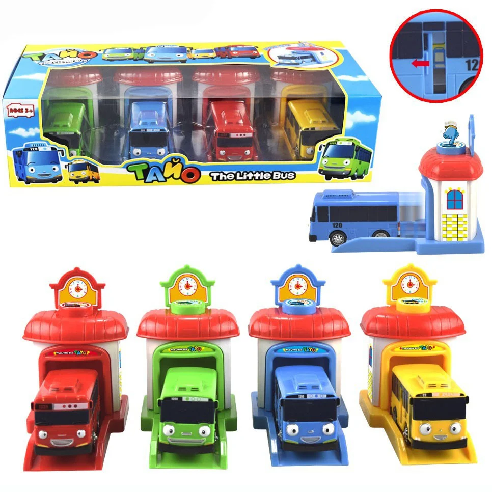 Tayo el pequeño autobús en miniatura para niños, unids/set juguete a escala de 4, autobús en miniatura, garaje oyuncak, vehículo de impacto eyectable