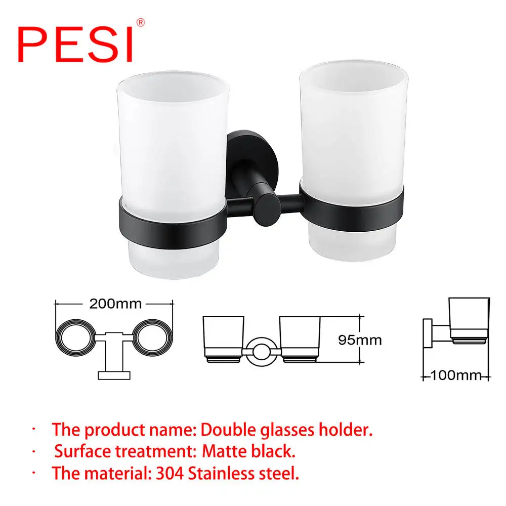 Double Glass Holder Набор аксессуаров для ванной комнаты, крючок для халата, вешалка для полотенец, барная полка, держатель для бумаги, держатель для зубной щетки, аксессуары для ванной комнаты, черный - Цвет: Double Glass Holder
