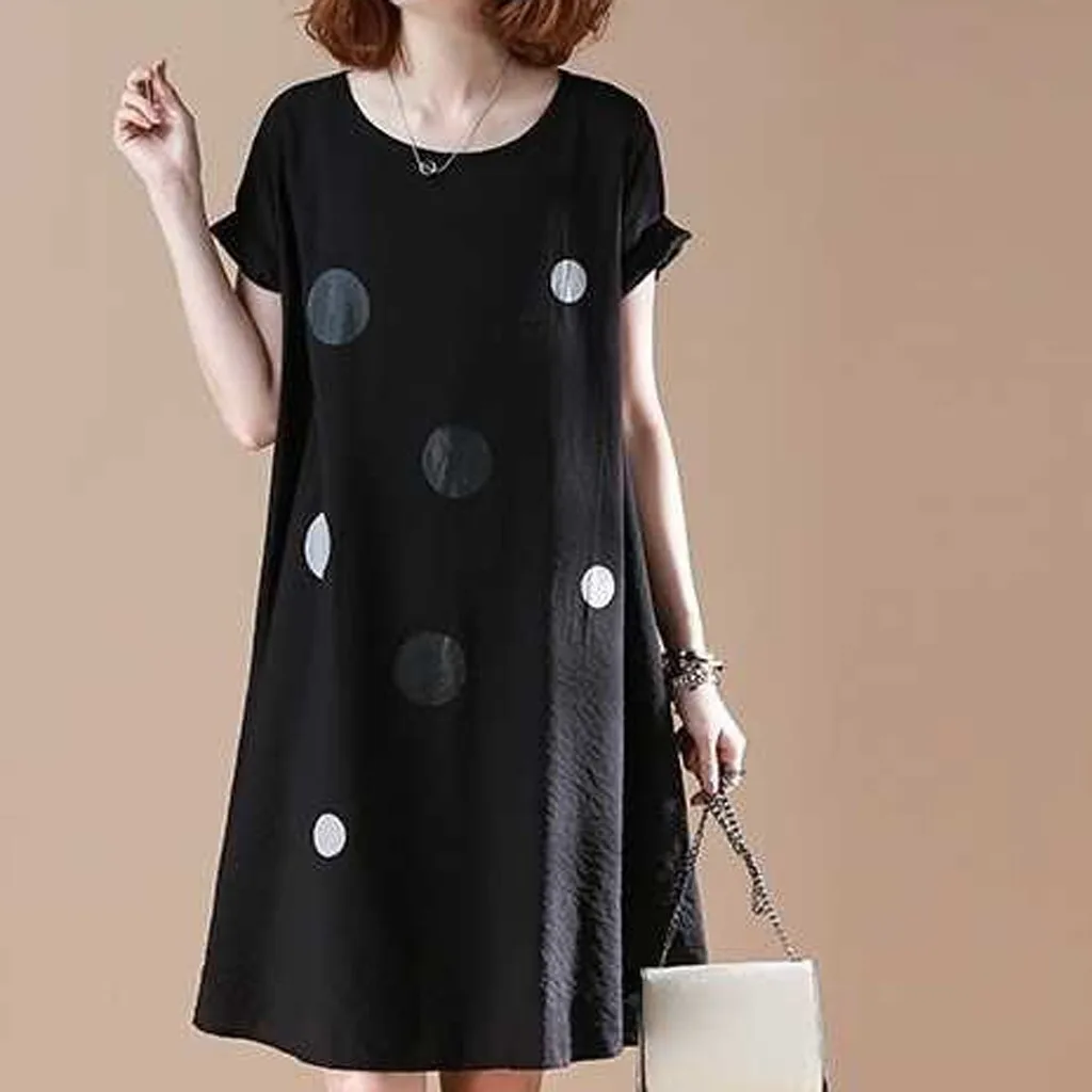 Женское летнее платье модное до колена с О образным вырезом коротким рукавом и