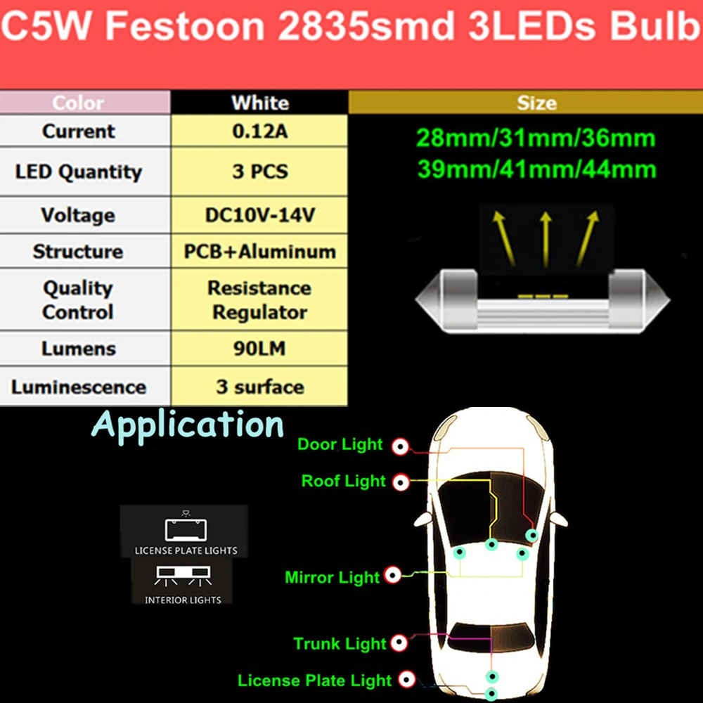2 шт. светодиодные лампы YHKOMS для чтения 28 мм 31 36 39 41 44 C5W C10W|auto interior|41mm led canbusled 41mm canbus |