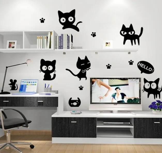 

Cartoon black cat cute DIY Vinyl wall stickers For Kids Rooms Home Decor Art Decals 3D Wallpaper decoration adesivo de parede