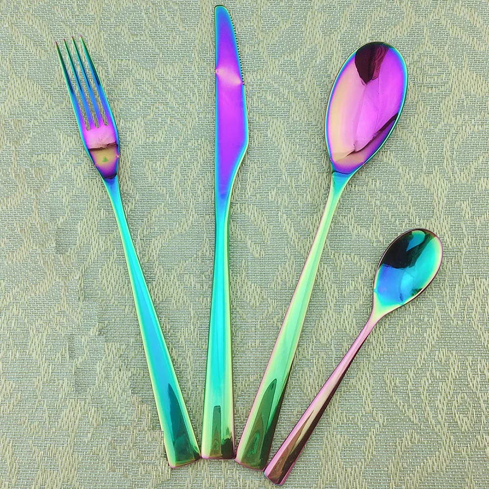 4/5/6Pcs Luxury Mirror Colorful Rainbow Cutlery Sets Stainless Steel Dinnerware Set Steak Knife Soup Salad Fork Silverware |
