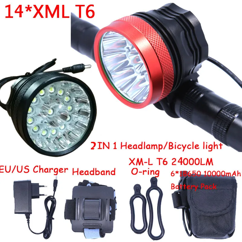 Супер мощный яркий налобный фонарь 2 в 1 14 x XM L T6 светодиодный велосипедный +