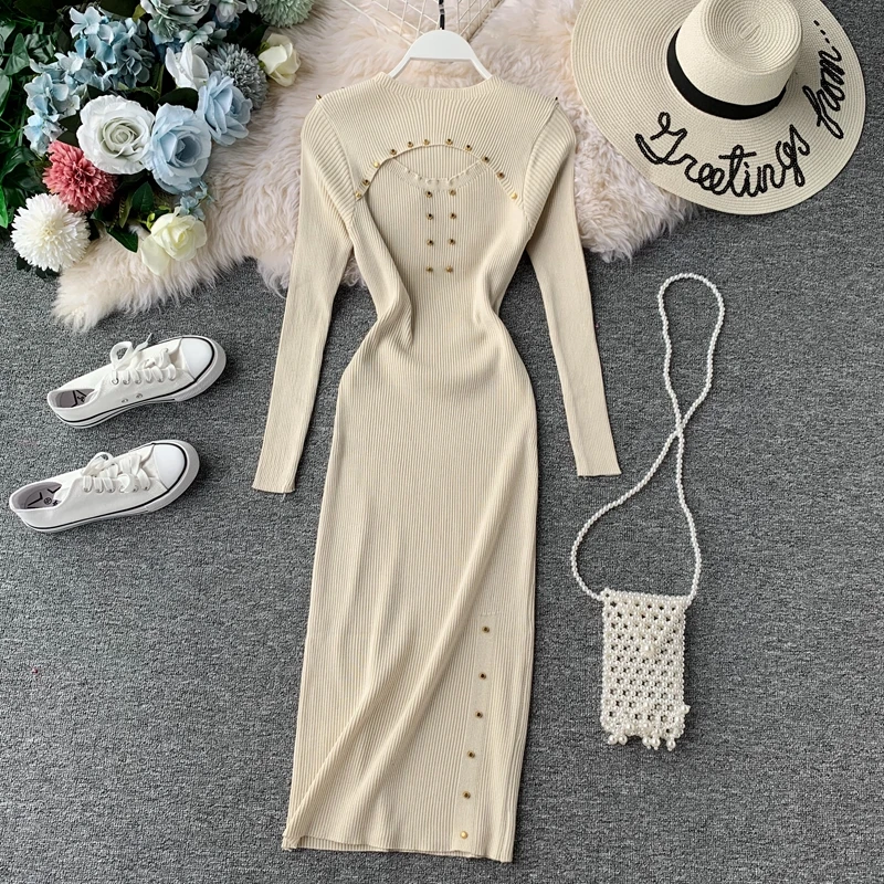 HISUMA Autumn and Winter new women's O-neck long sleeve rivet Hollow Knitted Bottom Dress female elegant sweater sheath dresses | Женская