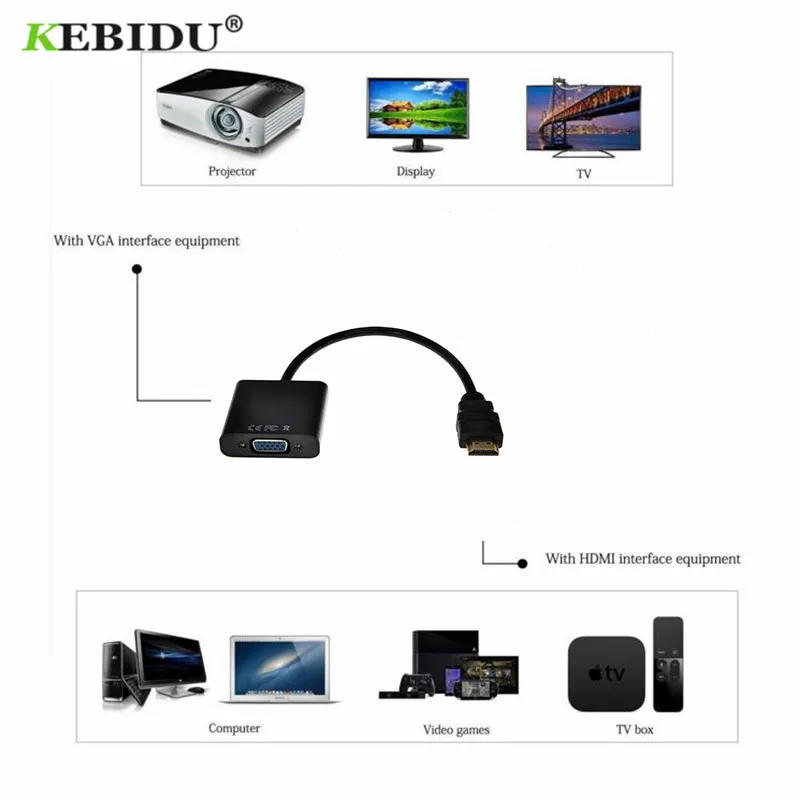 Кабель-адаптер 1080p HDMI-совместимый с VGA переходник штырь-гнездо со встроенным