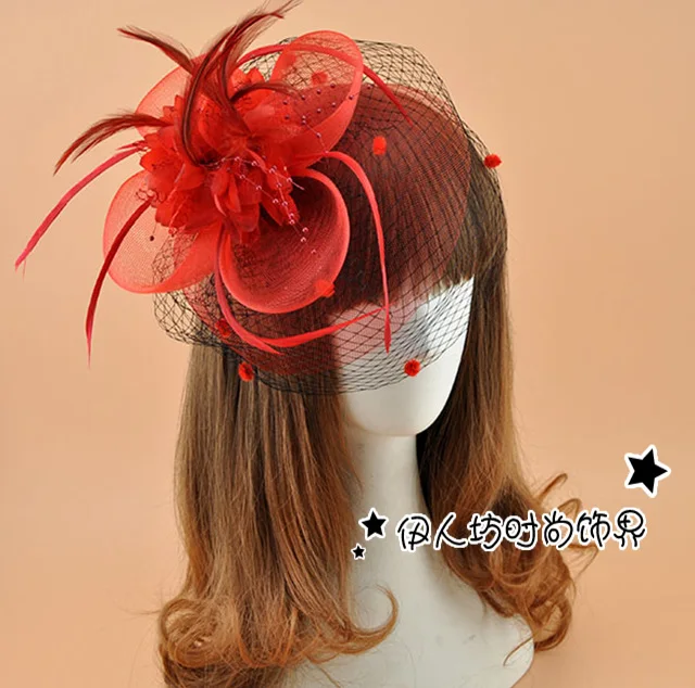 

European Style Dotted Veil Flower Wedding Hat White Red Hair Clips Black Women Race Horse Tea Party Ladie Feather Hair Ornament