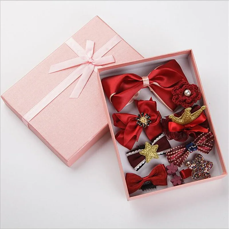 Красный 10Pcs/Set New Girls Hair Accessories Cute Gift Box Flower Hair Clip Hair Bows Bunny Hairclip Star Barrette Pearl Heart Headdress - Цвет: Красный