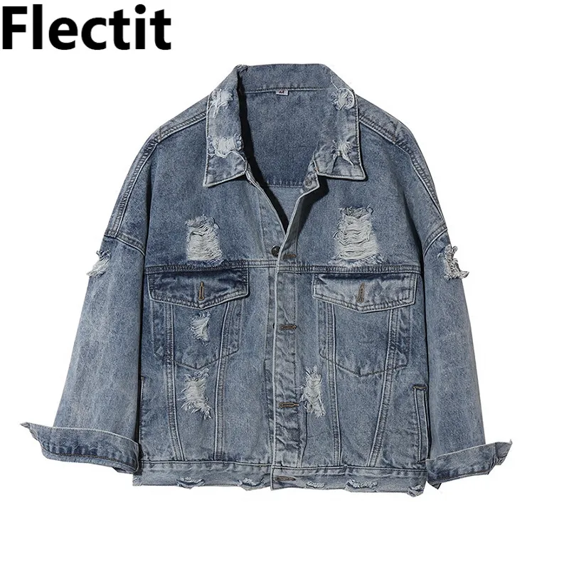 Женская ВИНТАЖНАЯ ДЖИНСОВАЯ КУРТКА Flectit в стиле оверсайз рваная джинсовая куртка