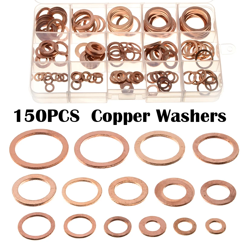

150pcs/Set Flat Ring Washer Gasket /M8/M10/M12/M14/M16/M18/M20/M22 Solid Copper Crush Spacer Oil Brake Sealing Kit For Hardware