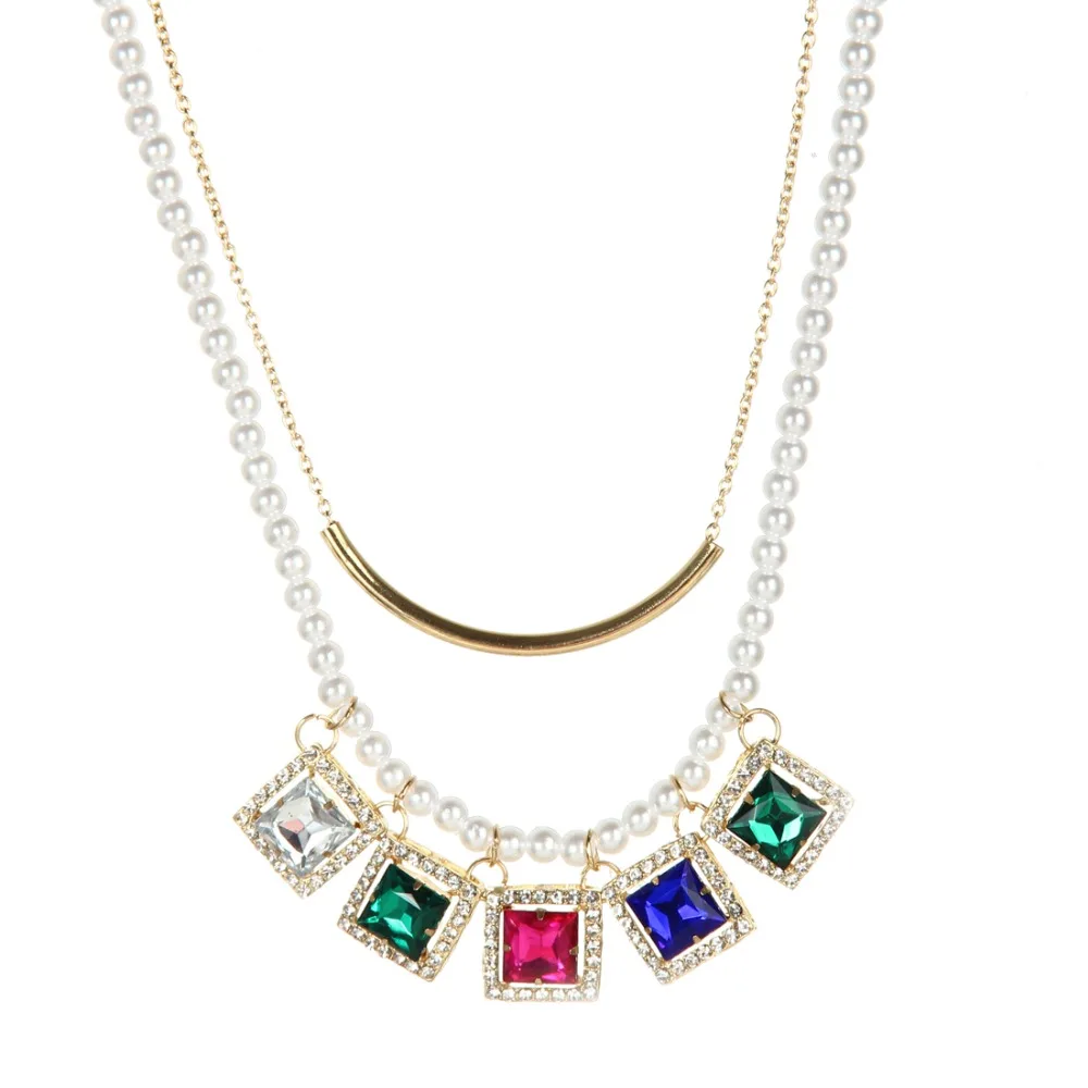 Wholesale Jewelry Imitation Pearl Chain Square Colorful Crystal Pendant Gold Color Clavicle Choker Statement Necklace For Women | Украшения