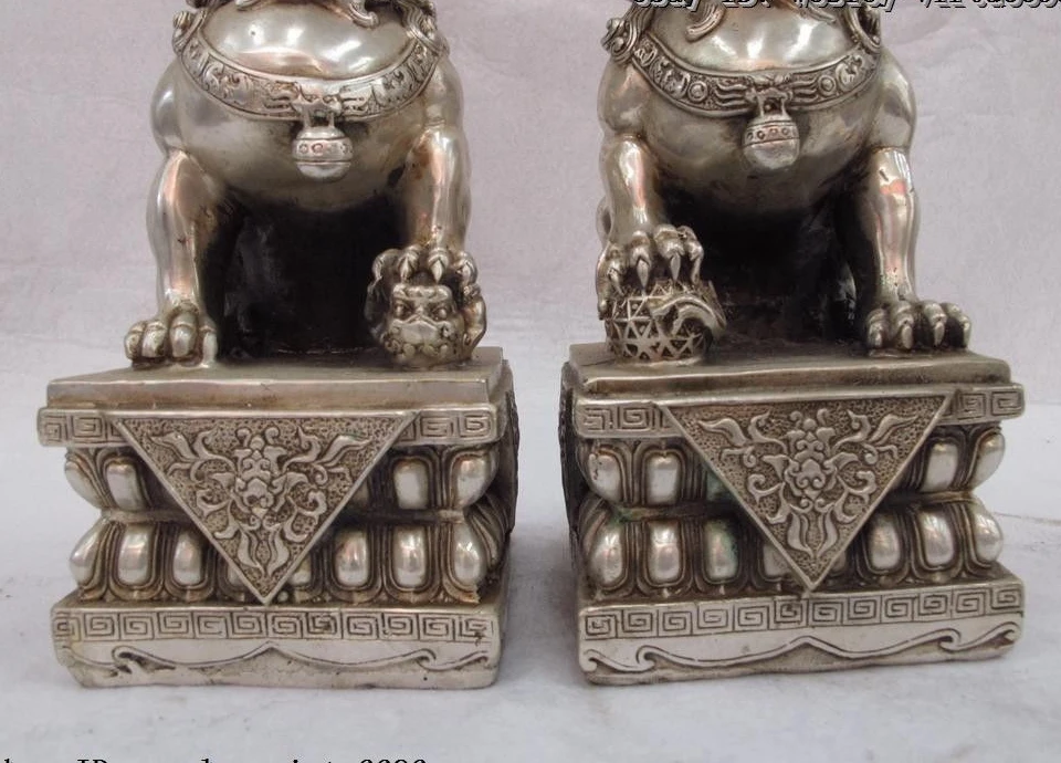 8.5 Chinese White Copper Silver Evil Feng Shui Fu Foo Dog Lion beast Statue pair | Дом и сад