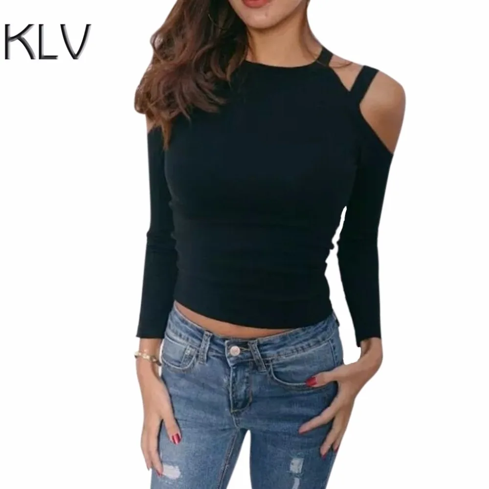 Fashion Women Sexy Knitted Long Sleeve Cold Shoulder Bandage Slim Fit Knitted Crop Tops Pullover 2018 New KLV