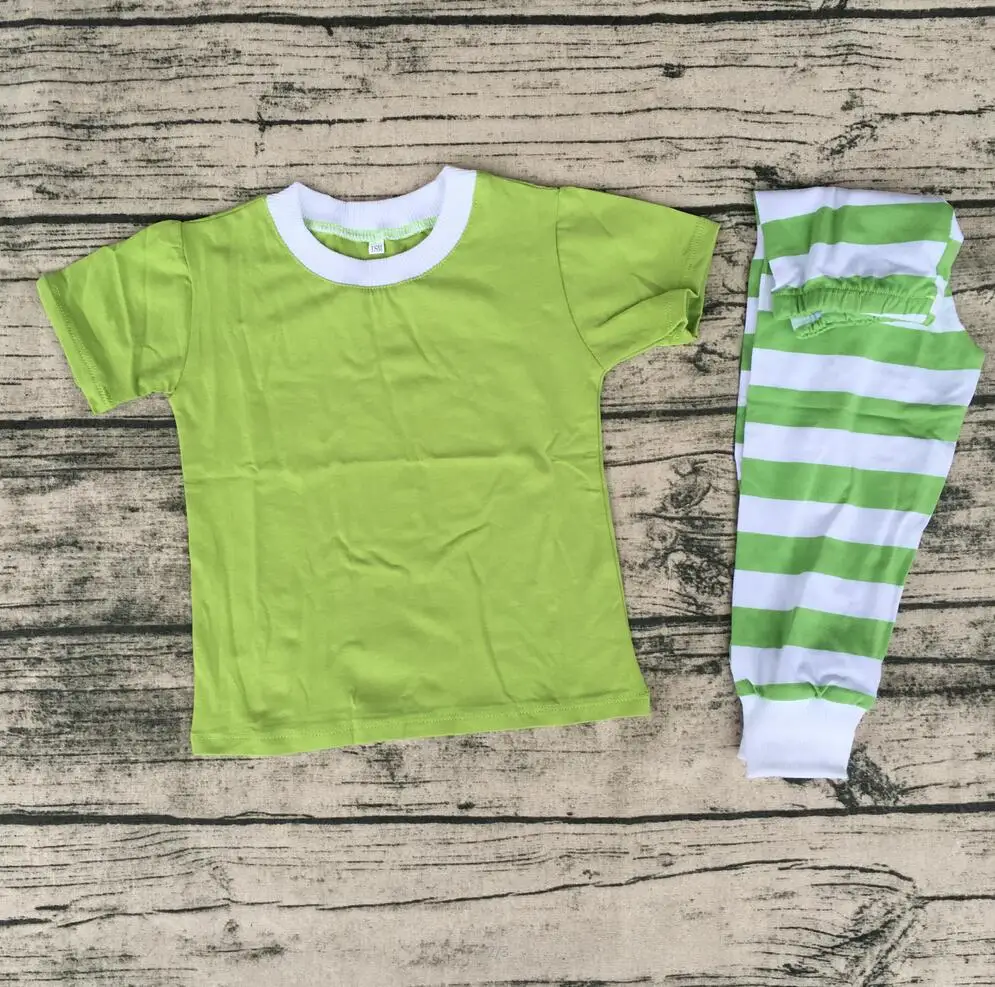 

Christmas cotton short sleeve solid color top with green stripe pants girl boutique pajamas outfits new arrival kids clothing