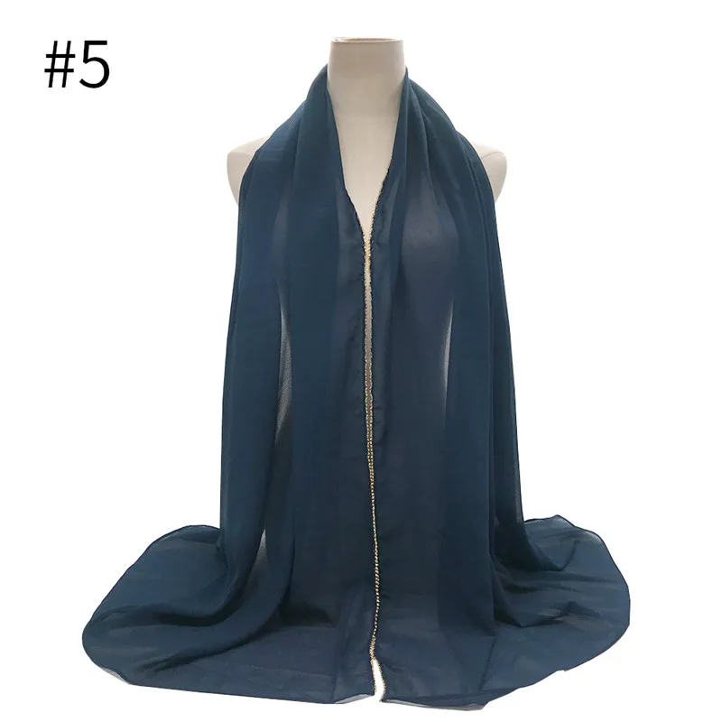 color 5 Однотонный простой пузырь шифон хиджаб цепь золотые бусины границы женский шарф, шаль платок-бандана модные мусульманские халаты 10 шт./партия - Цвет: color 5