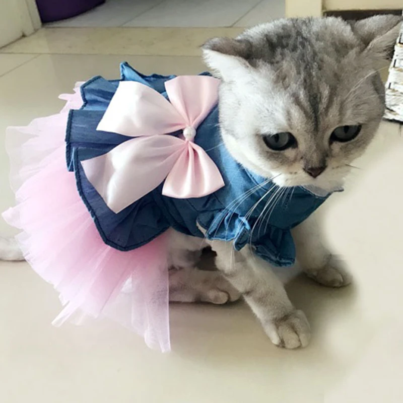 Летняя одежда для домашних животных, котов платья для кошек и собак из хлопка и денима Щенок Кот Костюмы одежда животных Kedi Чихуахуа Мальты платье юбка