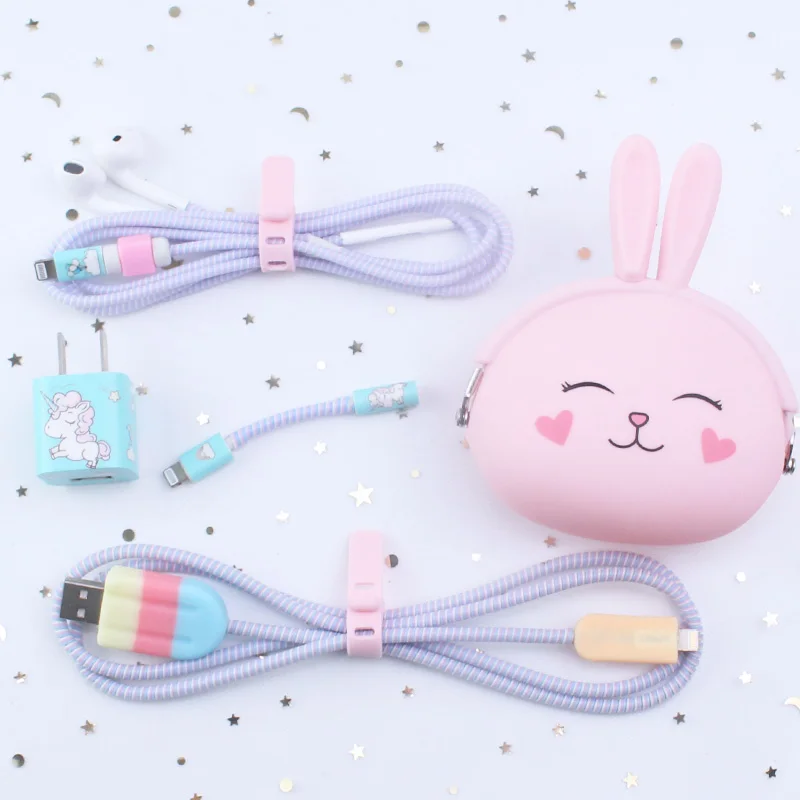 Милый мультфильм USB кабель наушники протектор набор с кабелем Стикеры для намотки Спиральный шнур протектор для iPhone 6 6s 7 8 Plus X XR