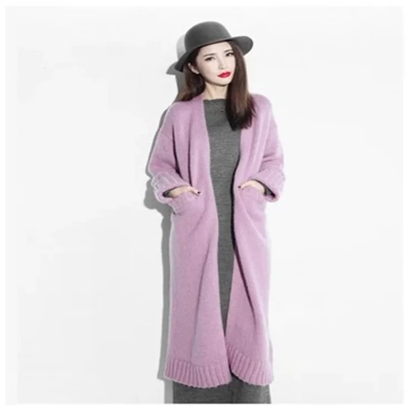 

Autumn and winter women's new long section thick wool sweater loose solid color knitted V-neck coat TB7752
