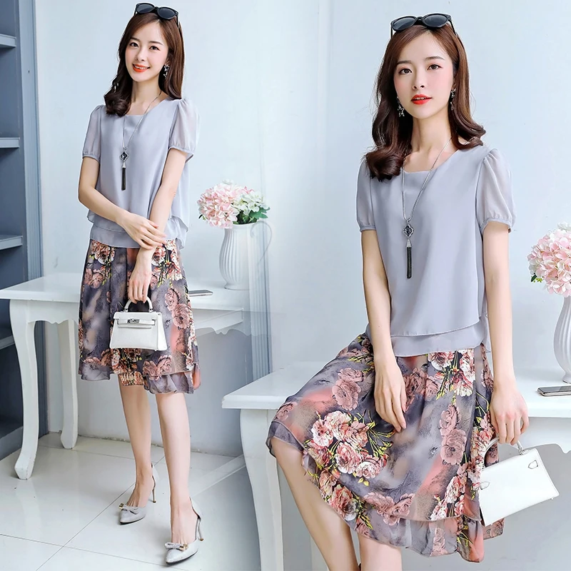 Fashion Two Piece Set Women Skirt 2019 New Short Sleeve Tops+Printed Chiffon Summer Elegant Plus Size Womens 3XL |