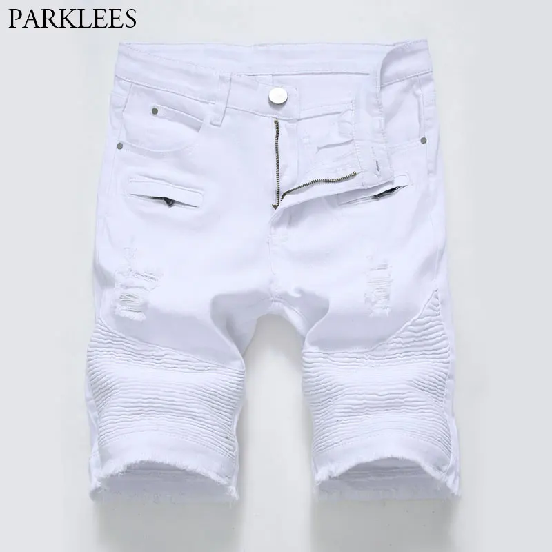 

2018 Summer Men's White Ripped Biker Jeans Shorts Casual Pleated Zipper Stretch Denim Shorts Male Knee Length Shorts Jeans Homme