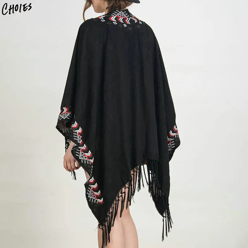 Для женщин кимоно черный вышивка Boho из искусственной замши в народном стиле