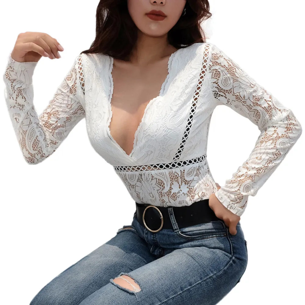 Модные пикантные боди Для женщин v-образным вырезом с длинным рукавом цветочные