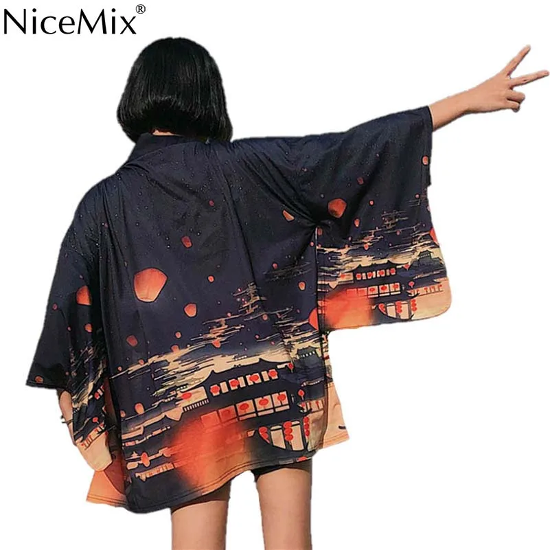 NiceMix Новая летняя блузка хараджуку женский кимоно кардиган японский стиль Ukiyo-e печатных свободные топы уличная одежда Blusas Mujer - Цвет: Черный