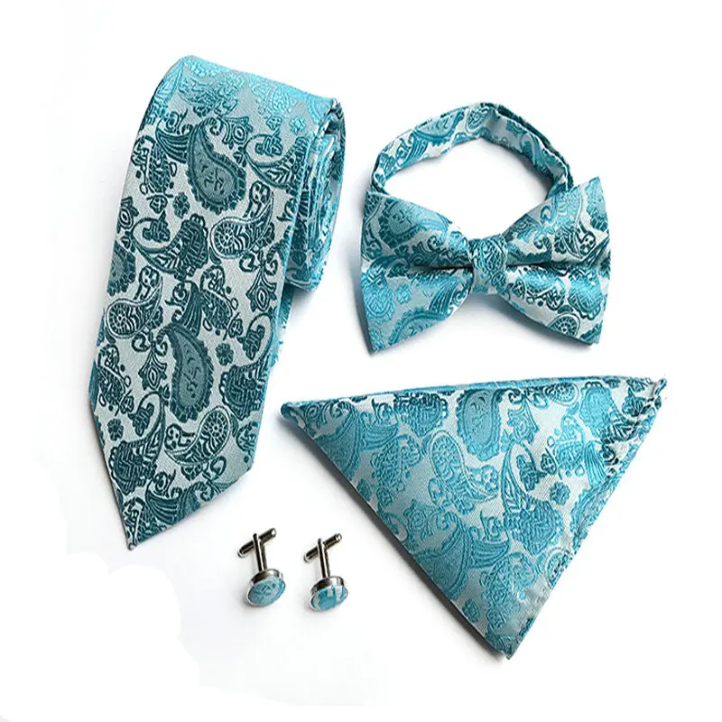 Neck Tie Set 4 шт. Мужской Жаккардовый набор галстуков овальные запонки галстук-бабочка галстук для свадебной вечеринки Карманный квадратный носовой платок Hanky - Цвет: Neck Tie Set
