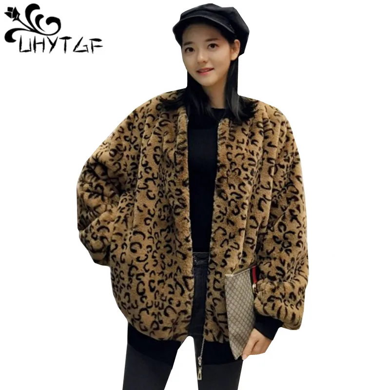 

UHYTGF Fashion Women's leopard fur Coat Autumn Winter Jacket Rabbit Plush Clothes Casual Loose Fur Coat Plus Size Outerwear 943