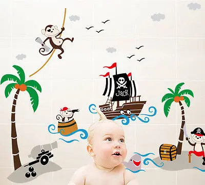 Monkey&ampPirate Ship Cartoon Wall Sticker Mural Vinyl Art Decal Baby Nursery | Дом и сад