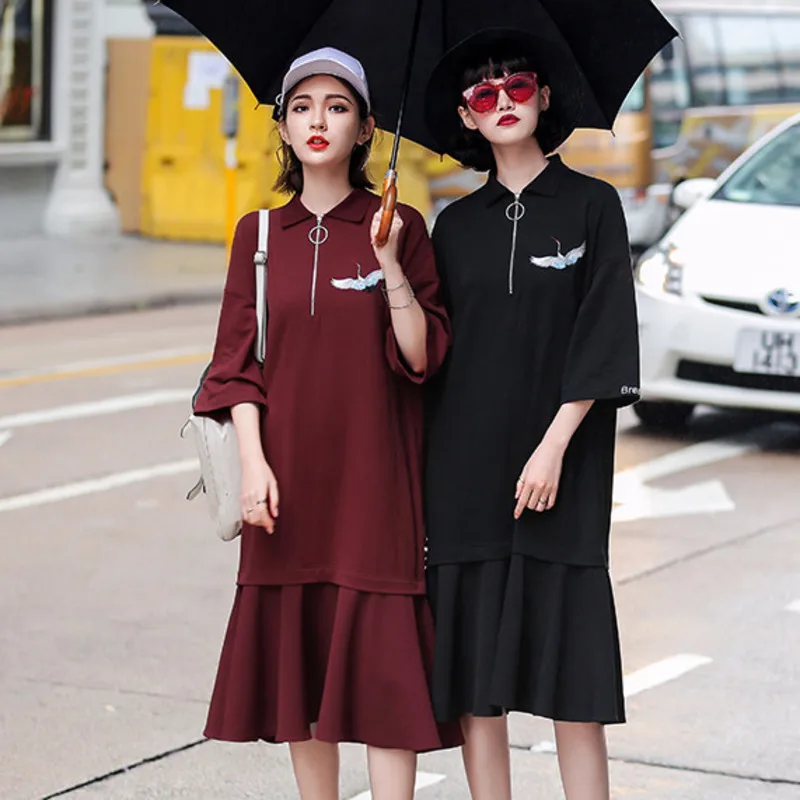Женское пляжное платье в Корейском стиле Harajuku черное свободное с вышивкой лето